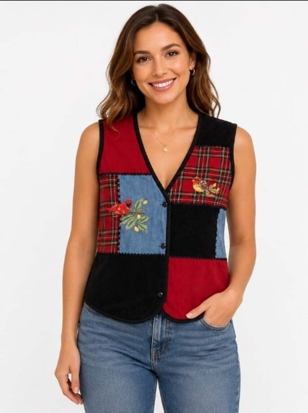 VTG Blair Sweater Vest Birds Cardinal Patchwork Embroidered sz XL Vintage L300